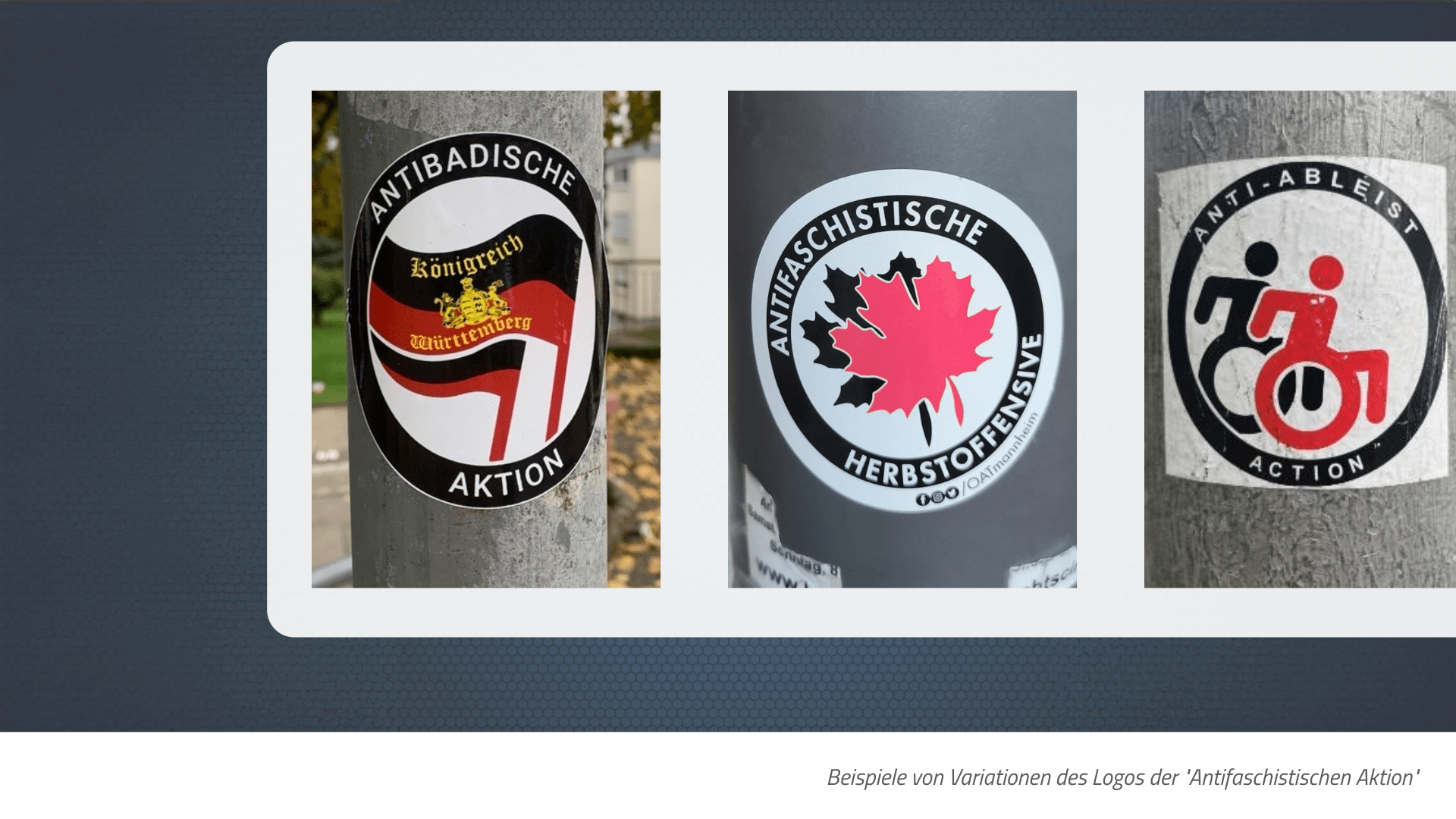 Beispiele von Variationen des Logos der "Antifaschistischen Aktion" 